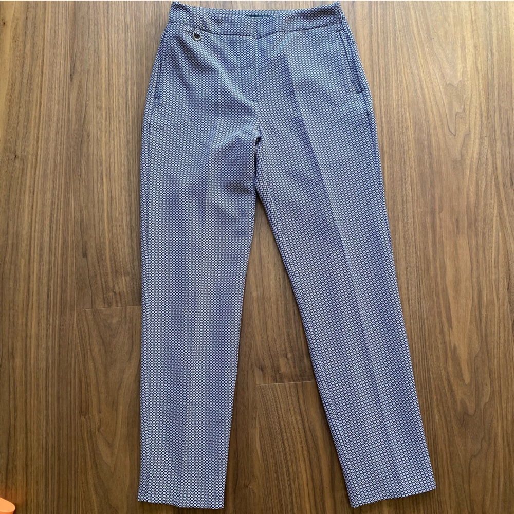 Adrianna Papell Slim Ankle Pants Women’s 10 Geometric Print Stretch Blue Brown